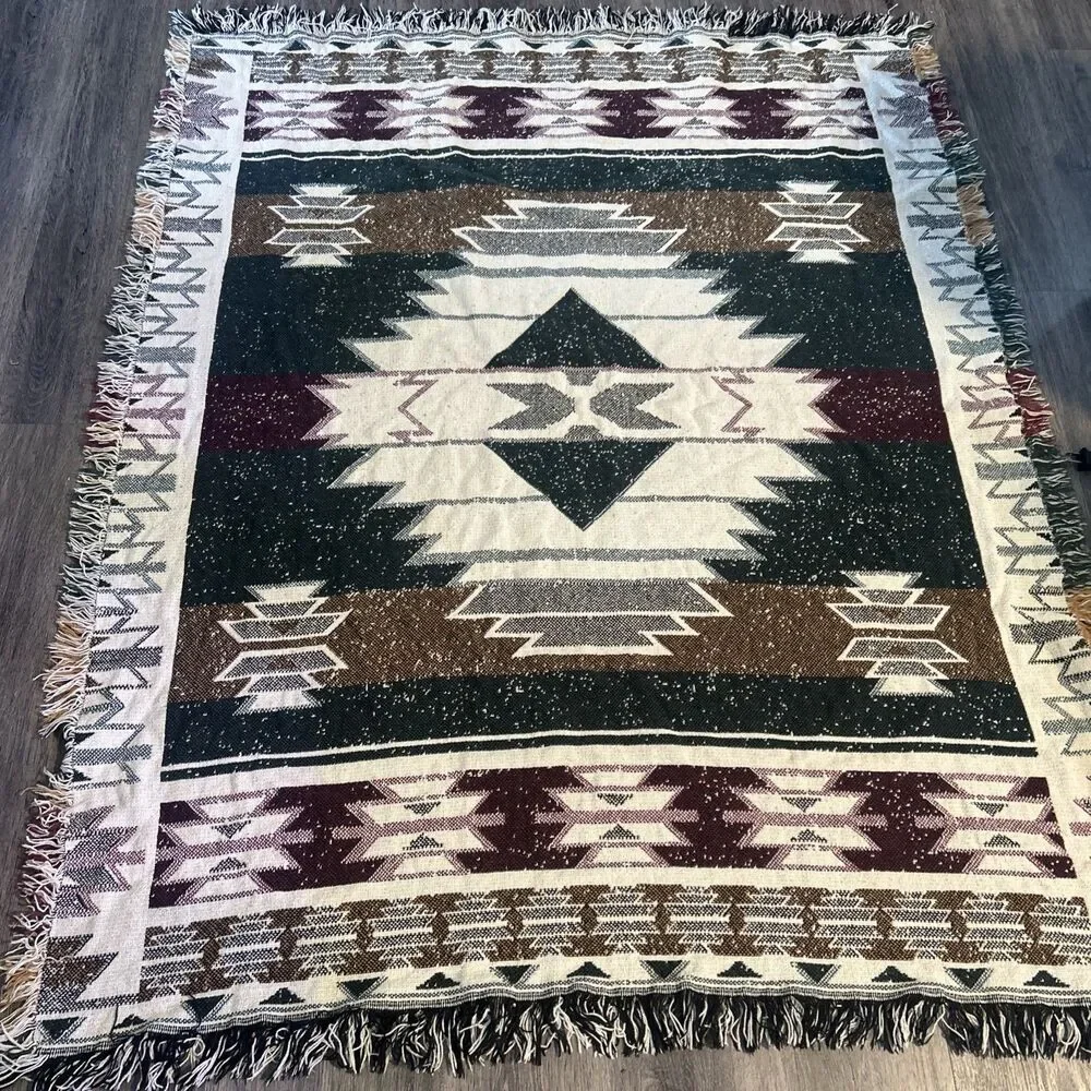 Vintage Sears Ponderosa Southwestern Aztec Cotton Afghan Throw 54x44 Western